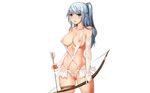  1girl archery areolae arrow blue_hair bow_(weapon) breasts elbow_gloves erect_nipples female gloves green_eyes highres large_breasts long_hair looking_at_viewer nipples original photoshop revealing_clothes see-through solo sweat tears transparent weapon youbou 