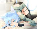  animal_ears ass bed blue_eyes blue_hair blurry cat_ears cat_tail depth_of_field fingerless_gloves gloves hair_ornament haribote_(tarao) looking_at_viewer short_hair sinon sinon_(sao-alo) solo sword_art_online tail tail_slit_clothes top-down_bottom-up 