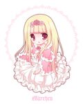  :d blonde_hair chibi copyright_name dornroschen flower hair_ornament koyoi_(ruka) long_hair looking_at_viewer marchen open_mouth red_eyes rose smile solo sound_horizon 