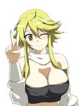  akame_ga_kill! bare_shoulders blonde_hair blush breasts cleavage detached_sleeves karo-chan large_breasts leone one_eye_closed scarf short_hair smile solo strapless tubetop v yellow_eyes 