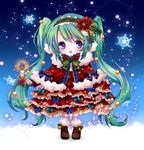  blue_eyes candle chibi christmas frills green_hair hairband hatsune_miku koyoi_(ruka) lolita_hairband long_hair looking_at_viewer open_mouth snowflakes solo twintails vocaloid 