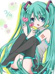  :d aqua_eyes bad_id bad_pixiv_id candy detached_sleeves food green_hair hatsune_miku holding koyoi_(ruka) lollipop long_hair looking_at_viewer necktie open_mouth panties pantyshot pantyshot_(sitting) pleated_skirt sitting skirt smile solo striped striped_panties twintails underwear very_long_hair vocaloid 