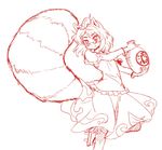  animal_ears bottle bracelet futatsuiwa_mamizou geta glasses jewelry leaf leaf_on_head monochrome nibi pince-nez raccoon_ears raccoon_tail sake_bottle shirt sketch skirt smile solo standing standing_on_one_leg tail tanuki touhou 