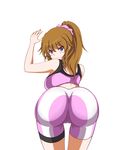  1girl annoyed artist_request ass backboob bare_shoulders bent_over bike_shorts blue_eyes blush breasts from_behind gundam gundam_build_fighters gundam_build_fighters_try highres hoshino_fumina huge_ass large_breasts leaning leaning_forward long_hair looking_at_viewer ponytail scrunchie solo sports_bra thigh_strap 