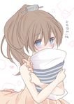  alternate_costume blue_eyes blush brown_hair casual hair_ornament heart heart-shaped_pupils kantai_collection koyoi_(ruka) kumano_(kantai_collection) long_hair pajamas pillow pillow_hug ponytail sketch solo symbol-shaped_pupils translated 