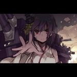  amagai_tarou black_hair blood blood_on_face hair_ornament japanese_clothes kantai_collection letterboxed machinery miko outstretched_arm red_eyes short_hair solo torn_clothes turret yamashiro_(kantai_collection) 