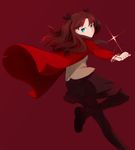  bad_id bad_pixiv_id black_legwear blue_eyes brown_hair brown_skirt coat comah fate/stay_night fate_(series) from_behind jewelry jewelry_removed leg_up looking_at_viewer looking_back necklace necklace_removed outstretched_arm pantyhose red_background red_coat skirt smile solo toosaka_rin two_side_up 