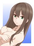  breasts brown_hair covering covering_breasts green_eyes highres idolmaster idolmaster_cinderella_girls jewelry large_breasts long_hair looking_at_viewer necklace nude shibuya_rin solo tsukiyo_umi upper_body 