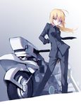  ahoge artoria_pendragon_(all) bad_id bad_pixiv_id blonde_hair erolcy fate/stay_night fate_(series) formal gloves green_eyes ground_vehicle highres long_hair motor_vehicle motorcycle necktie pant_suit ponytail saber solo suit yamaha_v-max 