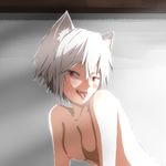  animal_ears backlighting bad_id bad_pixiv_id blush breasts collarbone grey_background highres houtinti inubashiri_momiji nipples nude red_eyes shadow short_hair silver_hair small_breasts solo sweatdrop tongue tongue_out touhou upper_body wolf_ears 