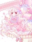  c: food frills hat holding koyoi_(ruka) lolita_fashion looking_at_viewer macaron original pink_eyes silver_hair sitting smile solo wand 