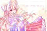  :d hairband happy_new_year japanese_clothes kimono kimono_skirt koyoi_(ruka) light_brown_hair lolita_fashion lolita_hairband long_hair looking_at_viewer new_year open_mouth original red_eyes smile solo stuffed_horse wa_lolita 