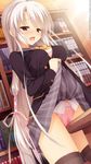  1girl artist_request ayachi_nene breasts character_request game_cg large_breasts long_hair masturbation muririn open_mouth panties pink_panties pussy_juice sanoba_witch school_uniform silver_hair skirt skirt_lift solo table_sex thighhighs underwear upskirt very_long_hair yuzusoft 