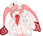  breasts ebola-chan highres large_breasts long_tongue nurse open_clothes open_mouth open_shirt pale_skin personification pink_hair sharp_teeth shirt tongue vore 