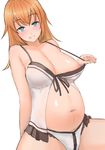  babydoll blue_eyes blush breasts charlotte_e_yeager flashing grin large_breasts lingerie long_hair looking_at_viewer navel orange_hair panties pregnant smile solo strike_witches taji_(crowview) underwear white_background world_witches_series 