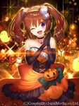  ;d bad_id bad_pixiv_id bangs banned_artist bare_shoulders black_gloves bow brown_hair candle choker dress drill_hair elbow_gloves flower frilled_dress frills ghost gloves hair_flower hair_ornament hairband halloween hands_together head_tilt highres jack-o'-lantern jewelry light_particles lolita_hairband looking_at_viewer official_art one_eye_closed open_mouth priget_plus purple_eyes silk smile solo sparkle spider_web strapless strapless_dress table twin_drills twintails watermark yusano 