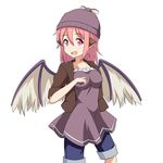  :d alternate_costume animal_ears beanie bird_wings breasts casual cato_(monocatienus) collarbone contemporary dress earrings hat jacket jewelry large_breasts mystia_lorelei open_clothes open_jacket open_mouth pink_eyes pink_hair purple_dress shorts_under_dress simple_background smile solo touhou white_background winged_hat wings 