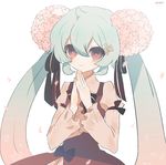  2014 bad_id bad_pixiv_id brown_eyes dated flower green_hair hair_flower hair_ornament hair_ribbon hatsune_miku long_hair ribbon simple_background solo twintails vocaloid white_background yanafle 