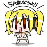  bikini blonde_hair breasts chibi cleavage headphones ichi/mine large_breasts looking_at_viewer navel nitroplus open_mouth orange_eyes short_hair smile solo super_pochaco swimsuit twintails 