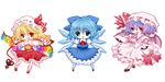  :d ascot bat_wings blonde_hair blue_eyes blue_hair chibi cirno flandre_scarlet hat highres ice ice_wings koyoi_(ruka) laevatein looking_at_viewer mary_janes mob_cap multiple_girls open_mouth outstretched_arms purple_hair red_eyes remilia_scarlet shoes short_hair smile spread_arms touhou wings 