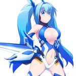  &gt;:) armor armpits bangs bare_shoulders blue_eyes blue_hair blue_leotard bracer breasts cleavage_cutout colored_eyelashes cowboy_shot drias faulds gorget gradient_hair hair_between_eyes hands_on_hips headgear highres large_breasts legs_apart leotard light_smile long_hair looking_at_viewer magical_girl mecha_musume multicolored_hair navel navel_cutout ore_twintail_ni_narimasu revealing_clothes smile solo tailblue thighhighs turtleneck twintails twoearle v-shaped_eyebrows vambraces very_long_hair white_background 