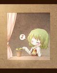  arinu ascot blush eighth_note elbow_rest flower_pot from_outside green_hair kazami_yuuka musical_note plant smile solo speech_bubble spoken_musical_note touhou window 