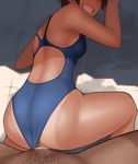  1girl anus ass bad_id bad_pixiv_id black_hair clothed_sex competition_swimsuit cum cum_in_pussy doggystyle grin hairy head_out_of_frame hetero looking_back lvi male_pubic_hair one-piece_swimsuit one-piece_tan original pov pubic_hair pussy sex short_hair smile sweat swimsuit swimsuit_aside tan tanline vaginal 