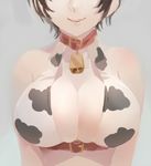  animal_print bare_shoulders bell bell_collar breasts brown_hair cleavage collar cow_bell cow_print head_out_of_frame idolmaster idolmaster_cinderella_girls large_breasts oikawa_shizuku short_hair solo yuura 