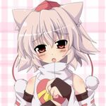 animal_ears bare_shoulders blush detached_sleeves fang fingerless_gloves gift gloves hat heart inubashiri_momiji looking_at_viewer masiromu open_mouth pom_pom_(clothes) red_eyes short_hair silver_hair solo tokin_hat touhou wolf_ears 