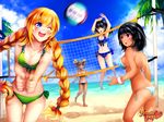  alternate_hairstyle ass audrey_belrose ball barefoot beach beach_volleyball bikini black_hair blonde_hair blue_eyes blue_sky braid breasts butt_crack cleavage cloud commentary dark_skin day highres huniepop jumping kaskia kyanna_delrio lola_rembrite long_hair medium_breasts motion_blur multiple_girls ocean official_art one_eye_closed outdoors polka_dot polka_dot_bikini polka_dot_swimsuit promotional_art purple_eyes short_hair side-tie_bikini sideboob sky striped striped_bikini swimsuit tiffany_maye twin_braids watermark 