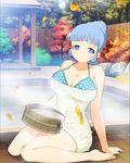  1girl blue_eyes blue_hair breasts kanon_(senran_kagura) large_breasts long_hair official_art senran_kagura sitting smile solo towel yaegashi_nan 