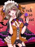  black_panties breasts brown_hair candy cape cleavage food frills hair_ornament hairband halloween highres holding koyoi_(ruka) lolita_hairband lollipop looking_at_viewer medium_breasts navel_cutout original panties red_eyes short_hair solo trick_or_treat underwear 