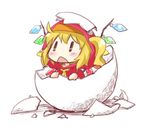 :&lt; alternate_costume ascot blonde_hair blush chibi egg eggshell_hat flandre_scarlet hatching hood hooded_jacket jacket nibi open_mouth side_ponytail simple_background solo touhou triangle_mouth white_background wings |_| 