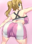 1girl artist_request ass back bare_shoulders bent_over bike_shorts blue_eyes breasts brown_hair cameltoe erect_nipples from_behind gundam gundam_build_fighters gundam_build_fighters_try hoshino_fumina huge_ass konron large_breasts leaning leaning_forward long_hair looking_back ponytail scrunchie shiny shiny_clothes shiny_skin sideboob smile solo sports_bra 