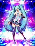  blue_eyes blue_hair blue_nails detached_sleeves full_body genzoman hatsune_miku long_hair nail_polish necktie open_mouth panties signature skirt smile solo stage thighhighs twintails underwear very_long_hair vocaloid 