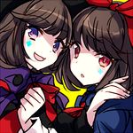  :d :o bad_id bad_twitter_id bow brown_hair cape facial_mark hairband hand_on_another's_shoulder hat long_sleeves looking_at_viewer lowres mitan_ake multiple_girls open_mouth purple_eyes red_eyes rikken_(terra_battle) short_hair siblings simple_background sisters smile terra_battle twins witch_hat yellow_background yukken_(terra_battle) 