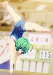  alternate_costume antennae ass bare_legs barefoot blue_leotard feet full_body green_eyes green_hair gymnast_leotard gymnastics highres leotard md5_mismatch nigo_(aozoragarou) outstretched_leg plantar_flexion pun rhythmic_gymnastics soles solo toes touhou upside-down wriggle_nightbug 