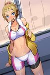  bike_shorts blue_eyes blush breasts brown_hair gundam gundam_build_fighters gundam_build_fighters_try highres hoshino_fumina jacket large_breasts looking_at_viewer midriff nac000 navel open_clothes open_jacket open_mouth ponytail scrunchie short_hair smile solo sports_bra towel towel_around_neck 