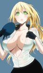  atago_(kantai_collection) bad_id bad_pixiv_id beret black_gloves blonde_hair breasts gloves green_eyes hat jun_(nad-j) kantai_collection large_breasts long_hair open_clothes open_shirt shirt solo sweatdrop 