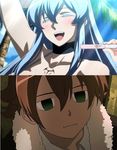  1boy 1girl akame_ga_kill! bad_end blue_hair blush brown_hair esdeath esdese green_eyes happy photoshop pregnancy_test smile tatsumi_(akame_ga_kill!) 