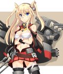  :&lt; bandolier bare_shoulders bismarck_(kantai_collection) black_gloves black_legwear blonde_hair blue_eyes breast_hold breasts cleavage cosplay crossed_arms gloves hairband headgear kantai_collection large_breasts long_hair looking_at_viewer midriff miniskirt musashi_(kantai_collection) musashi_(kantai_collection)_(cosplay) panties pantyshot pantyshot_(standing) partially_visible_vulva pleated_skirt pointy_hair sarashi shinozuka_atsuto skirt solo standing thighhighs two_side_up underwear white_panties 