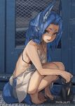  animal_ears barefoot blue_eyes blue_hair cat dated half_updo highres legs long_hair looking_at_viewer open_mouth original sketch solo squatting tiptoes toro_(konirio) 