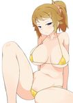  areola_slip areolae bakutendou bikini blue_eyes blush breasts brown_hair cleavage covered_nipples gundam gundam_build_fighters gundam_build_fighters_try hoshino_fumina large_breasts looking_at_viewer micro_bikini navel seductive_smile short_hair sitting smile solo swimsuit thighs 