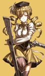  beret blonde_hair breasts corset detached_sleeves drill_hair gun hair_ornament hat lain long_hair magical_girl magical_musket mahou_shoujo_madoka_magica medium_breasts one_eye_closed skirt smile solo striped striped_legwear thighhighs tomoe_mami vertical-striped_legwear vertical_stripes weapon yellow_eyes 