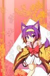  :&lt; animal_ear_fluff animal_ears bare_legs fox_ears fox_tail hairband hatsuse_izuna japanese_clothes kimono leaf_print no_game_no_life purple_eyes purple_hair running sandals senba_chidori short_hair short_kimono solo tabi tail wide_sleeves 