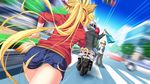  1girl amagi_karin animal_ears blonde_hair blush fox_ears game_cg helmet kiss long_hair magical_marriage_lunatics!! moonstone motor_vehicle motorcycle ribbon running vehicle yamakaze_ran 