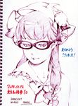  alternate_hairstyle artist_name bespectacled black-framed_eyewear crescent crescent_hair_ornament dated dress frilled_shirt frilled_shirt_collar frills glasses hair_ornament hair_ribbon hat hat_ornament hat_ribbon monochrome patchouli_knowledge ribbon rimless_eyewear savan shirt sketch solo thank_you touhou traditional_media tress_ribbon upper_body 