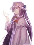  backlighting crescent crescent_hair_ornament dress expressionless hair_ornament hair_ribbon hat image_sample long_hair looking_at_viewer mob_cap patchouli_knowledge purple_eyes purple_hair ribbon sideways_glance simple_background solo touhou tress_ribbon twitter_sample upper_body very_long_hair white_background yamamomo_(plank) 