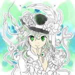  black_hat bow bug cake closed_eyes diamond-shaped_pupils earrings eyeball feathers finger_to_mouth flower food green_eyes green_hair hat hat_ribbon heart heart-shaped_pupils jewelry komeiji_koishi lineart long_sleeves looking_at_viewer multicolored multicolored_background nagasehachi_koromoko ribbon smile solo spider star strawberry_shortcake symbol-shaped_pupils third_eye touhou upside-down 