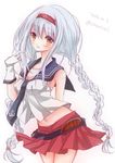  alternate_costume braid cosplay gloves hairband kantai_collection koyoi_(ruka) long_hair looking_at_viewer low_twintails navel noshiro_(kantai_collection) noshiro_(kantai_collection)_(cosplay) pleated_skirt school_uniform serafuku shoukaku_(kantai_collection) silver_hair sketch skirt solo twin_braids twintails very_long_hair white_gloves yellow_eyes 